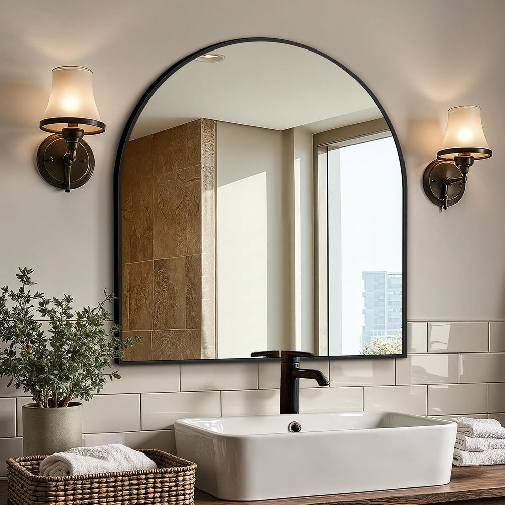 Arched Bathroom Vanity Mirror for over sink, 32”x30”, Black