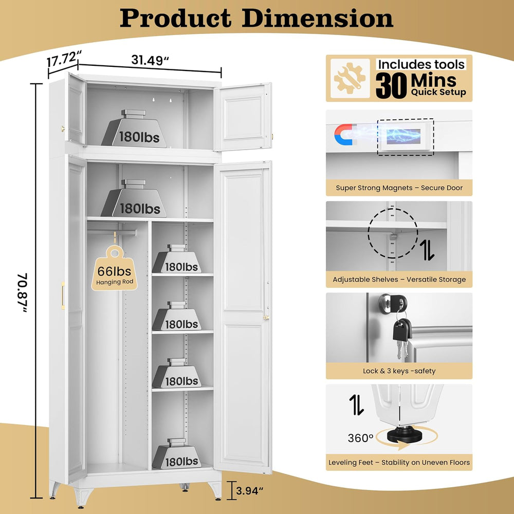 86" Metal Wardrobe Closet with Lock, Tall Armoire, White