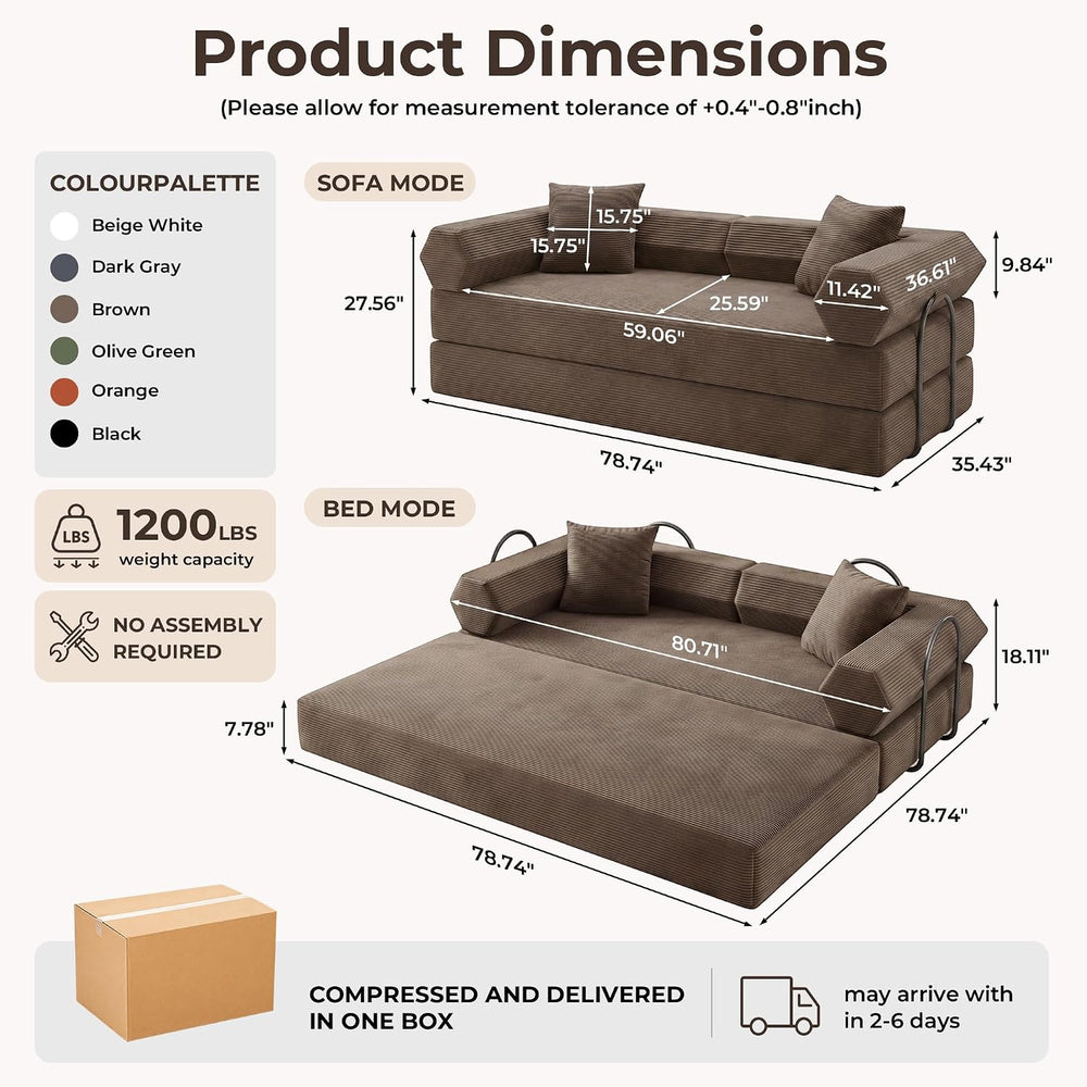 79" Convertible Futon Sofa Bed, Boneless Couch for Living Room | Brown