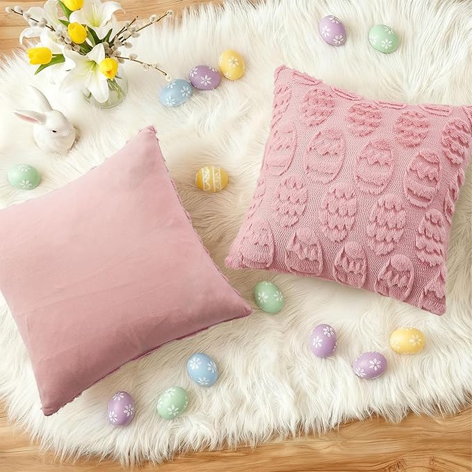 decorUhome Easter Pink Egg Pillow Covers 16x16 Inch Set of 2, Soft Plush Faux - Image 5