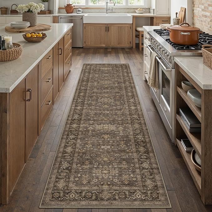 2'6x12 Washable Runner Rug for Hallway Kitchen Vintage Brown Non Slip Low Pile - Image 4