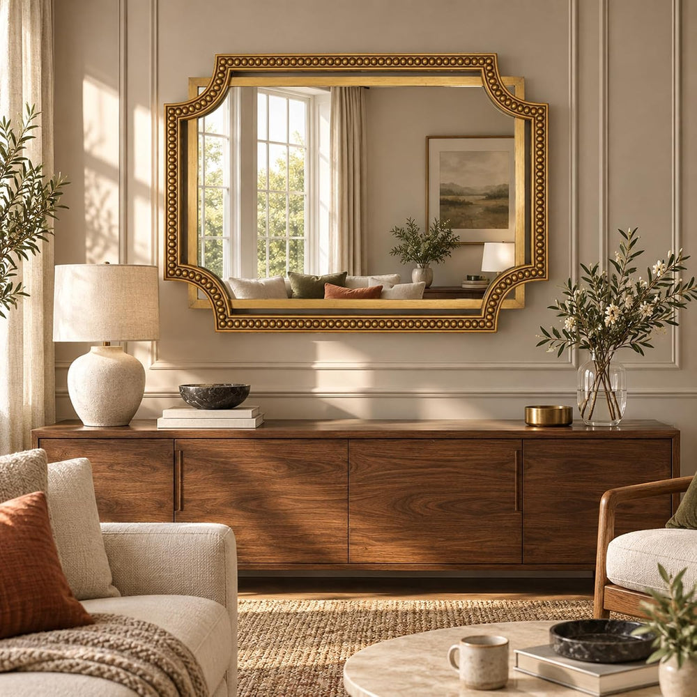 Gold Rectangle Wall Mirror, 40x30 Inch Scalloped Beaded Frame for Bathroom