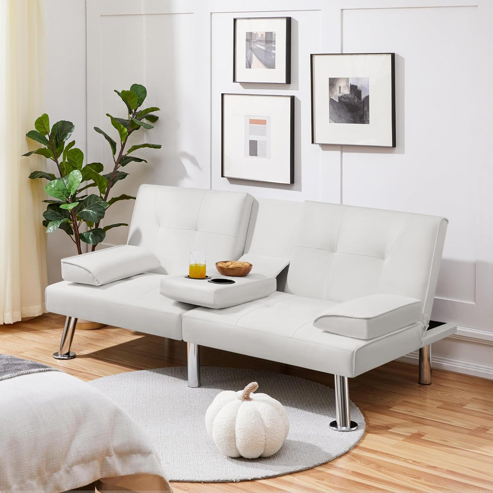 Yaheetech Convertible Futon Sofa Bed Loveseat with Cup Holder, White