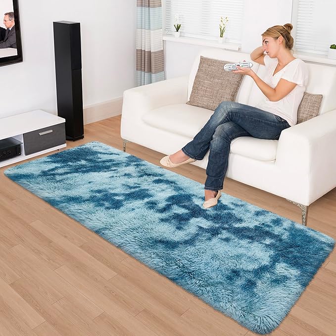Super Soft Fluffy Living Room Area Rug 2x6 ft Tie-Dyed Light Blue Shaggy Furry - Image 2