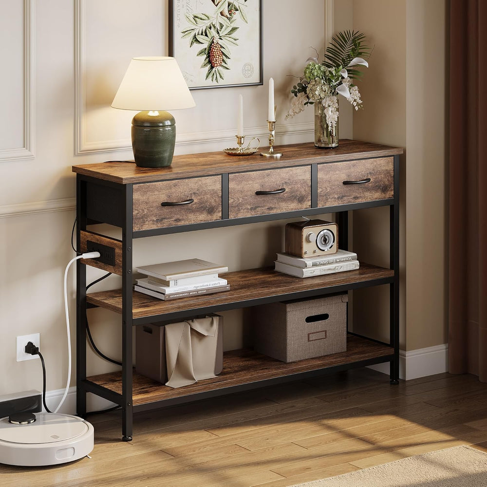 Lulive Entryway Table with Power Outlets, Console Table with 3 Fabric Drawers...