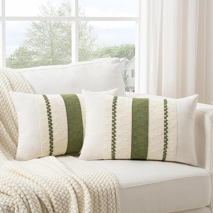 Fancy Homi Set of 1 Boho Moss Green Lumbar Decorative Throw Pillow Cover 12x20 - Image 2