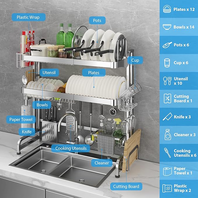 Over The Sink Dish Drainer Drying Rack, Full Stainless Steel 3-Tier Adjustable - Image 5