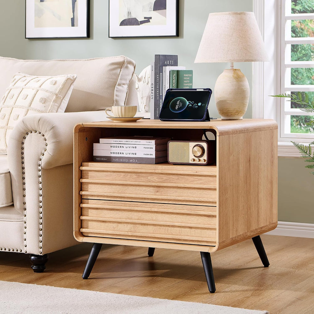 RedLemon 24" Fluted Nightstand with Charge Station, Natural Oak