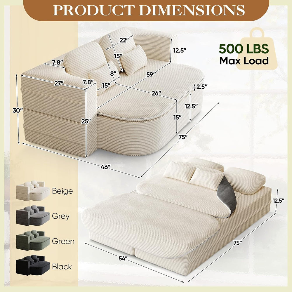 Antetek Convertible Sleeper Sofa, Modern Folding Futon Corduroy Floor Foam Co...