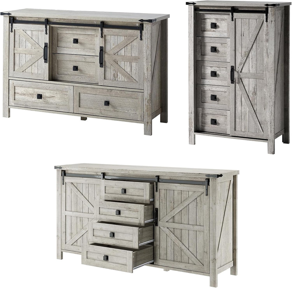 LUXOAK 3 Pieces Bedroom Set - Includes 60" Farmhouse Dresser, 48" C...