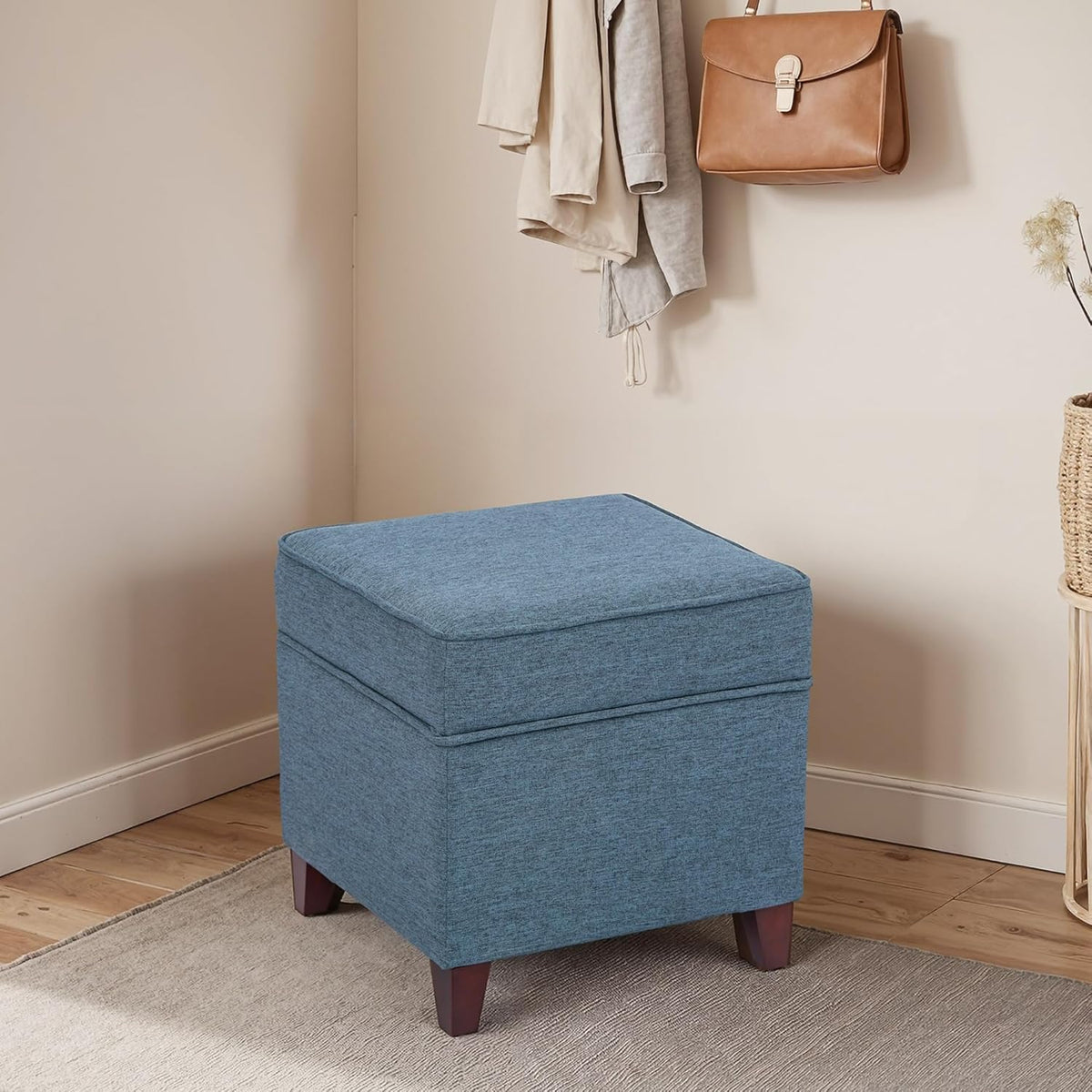 adeco 17" square ottoman with storage, small blue shown in use