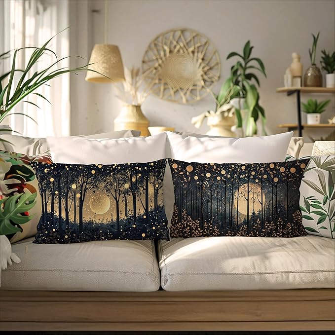 Rustic William Morris Inspired Gold Moon Pillow Covers 12x20 Set of 2, Vintage - Image 4