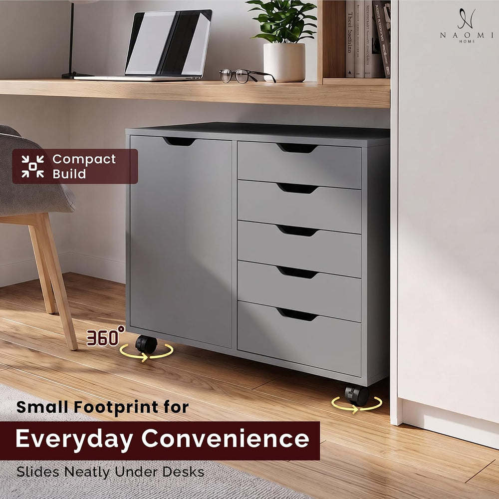 Naomi Home Amy 5-Drawer Rolling Drawer Dresser With Cabinet - Gray