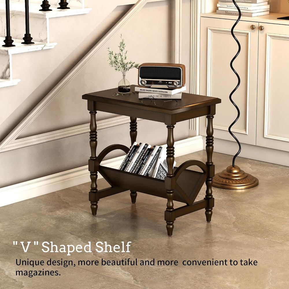 LKTART Wood End Table, Vintage Sofa Side Table with Magazine Rack and Rubberw...
