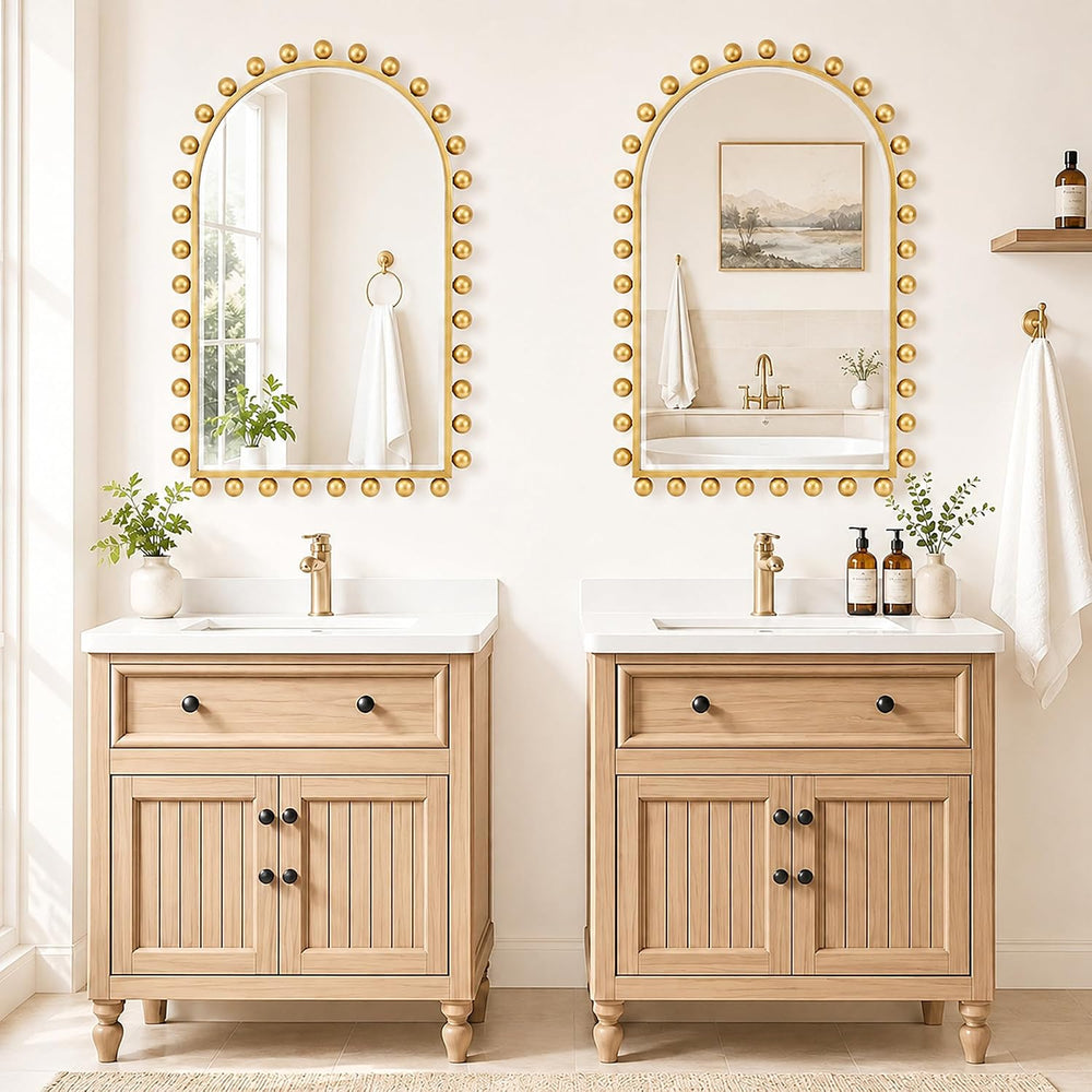 24x36 Inch Arched Wall Mirror, Antique Gold Beaded Beveled Glass
