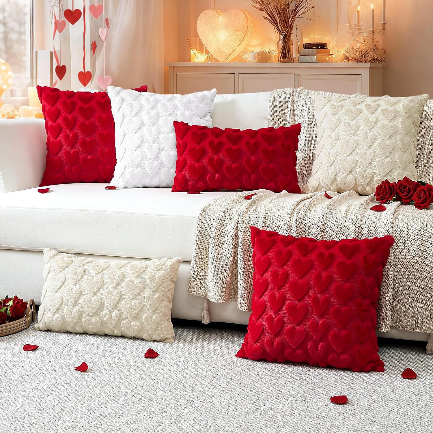 Artscope Valentines Pillow Covers 18x18 Set of 2 Decorative Love Heart Valentines Day Throw Pillow Cases Soft Plush Faux Fur Couch Cushion Case for Holiday Sofa Bed Room Home Decor-Red Heart