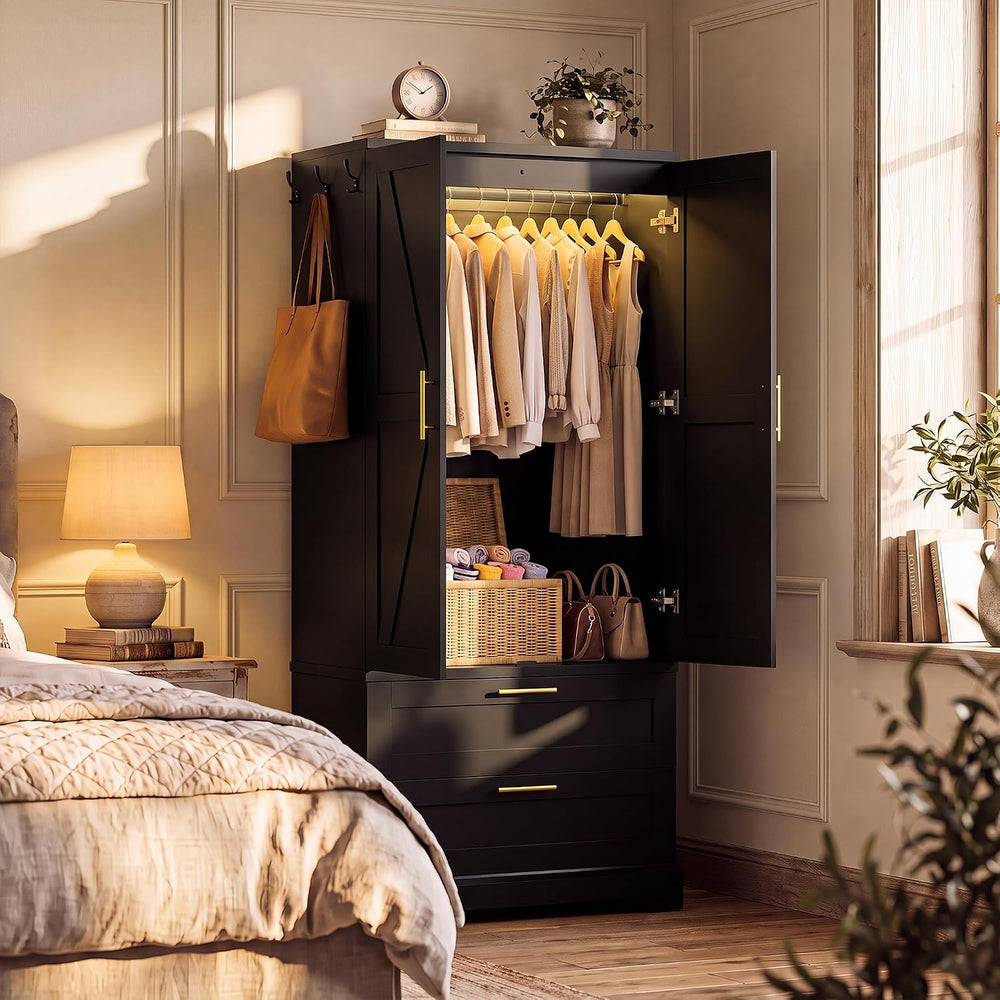 YESHOMY 70.9" Armoire Wardrobe Closet with Sensor Light, 2 Drawers (Black)