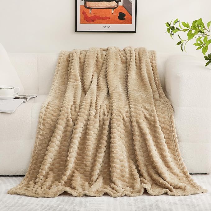 Beige Throw Blanket 50"×60" inches Fuzzy 3D Jacquard Decorative Flannel Fleece - Image 2