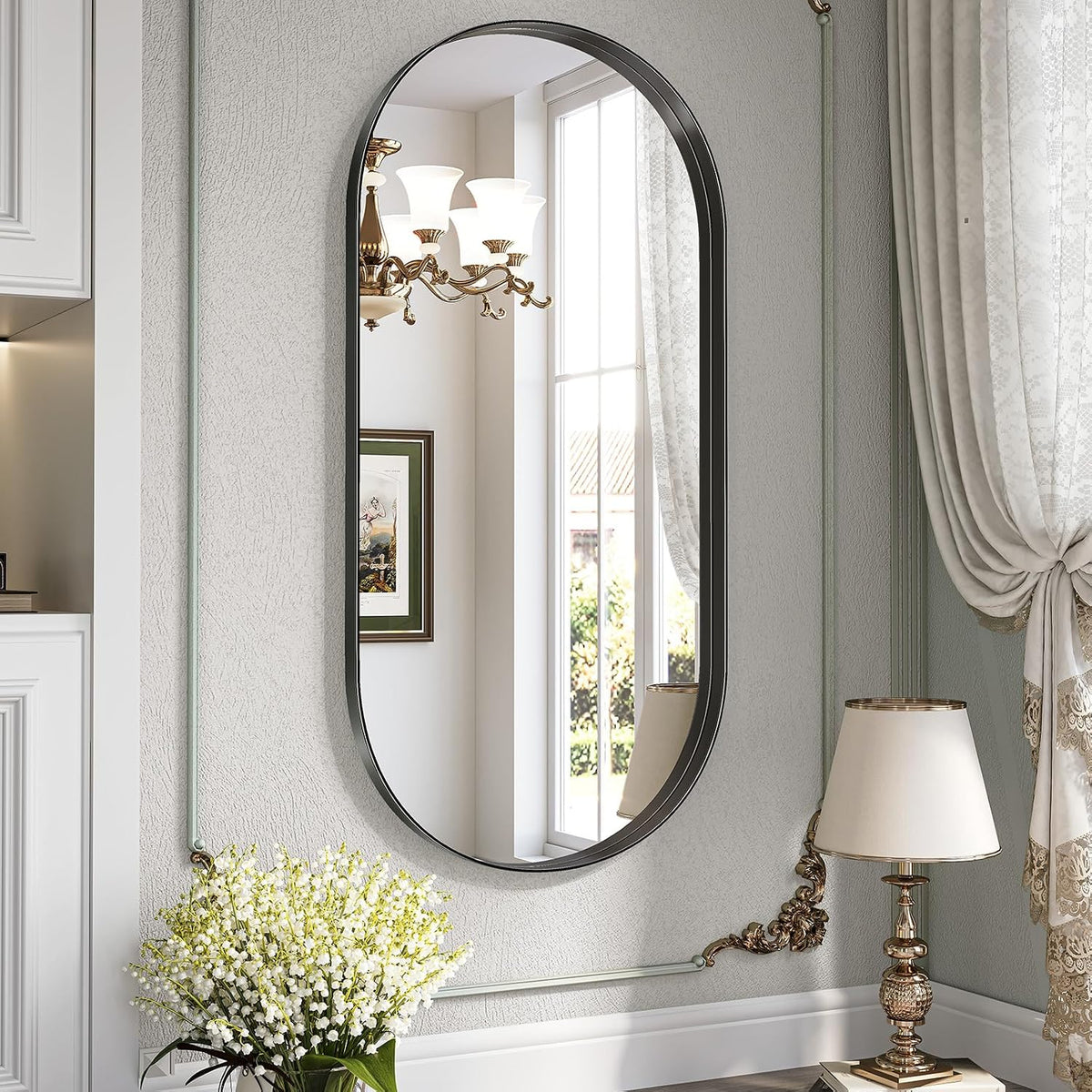 brightify black oval mirror for wall 24x48 inch, main product view
