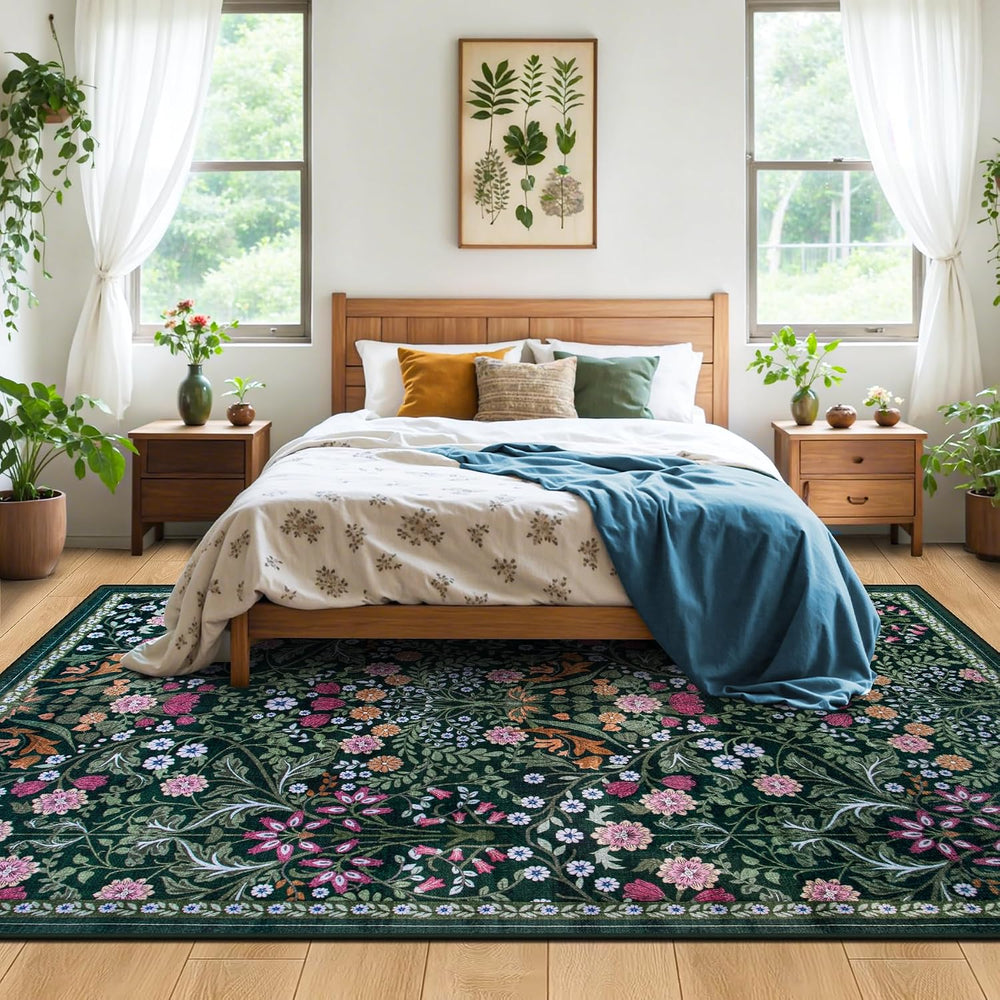 PLHXFR Area Rug 10x14 Living Room: Floral Washable Boho Carpet Dark Green