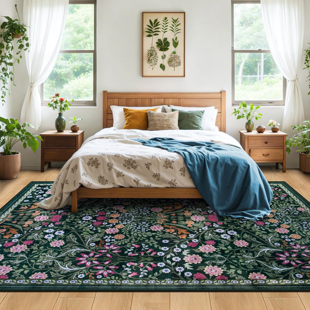 PLHXFR 6x9 Area Rug Living Room: Floral Washable Boho Carpet Dark Green