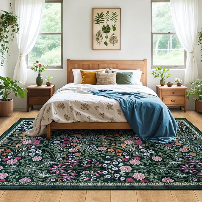 Area Rugs 9x12 Living Room: Floral Washable Rug Vintage Large Soft Boho - Image 3