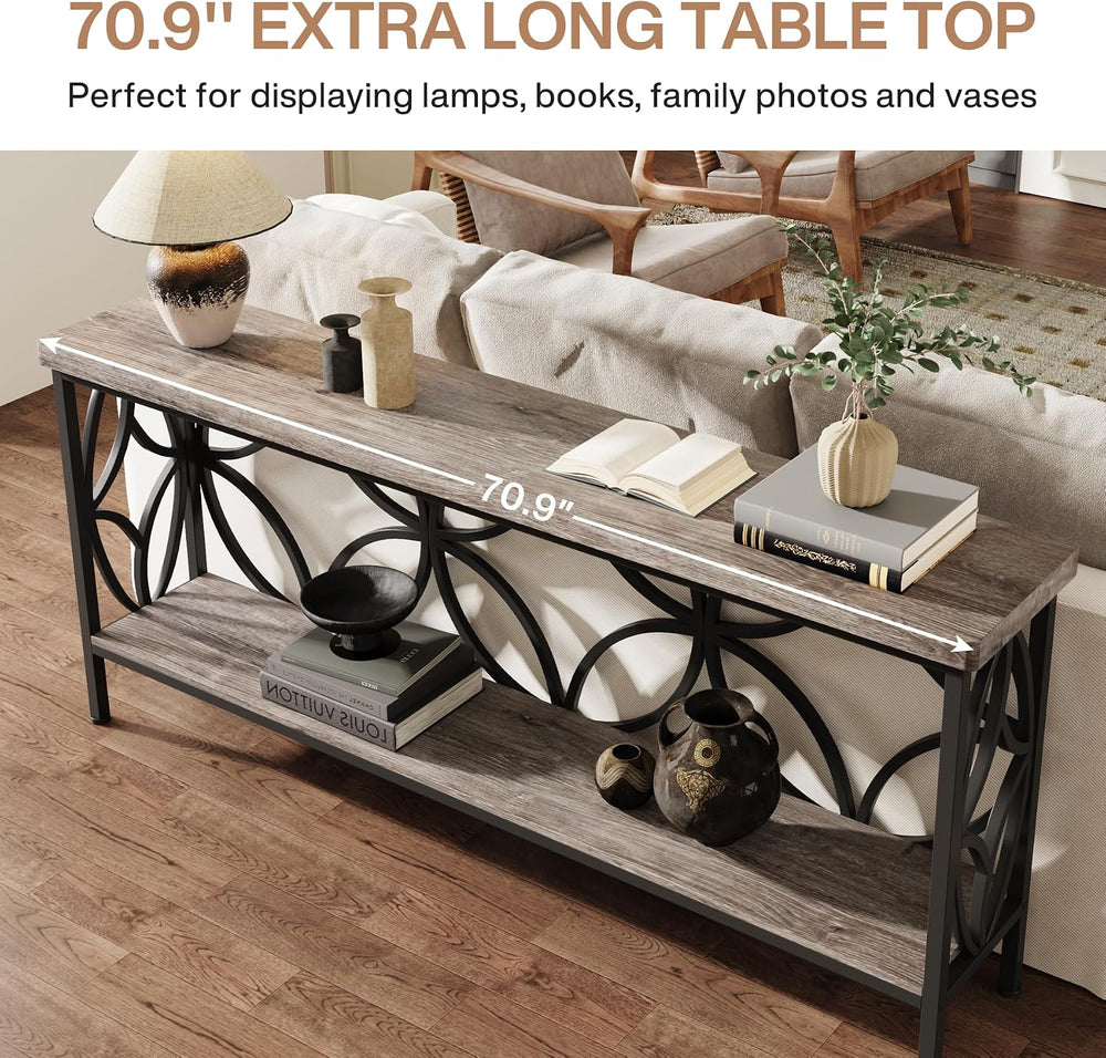 LITTLE TREE Sofa Table, 70.9 Inch Industrial Behind Couch Table with Storage ...