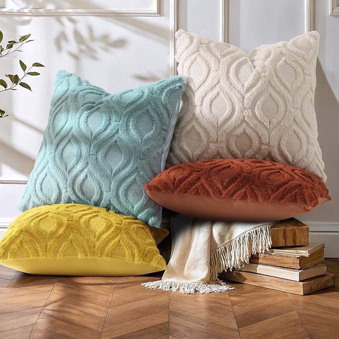 decorUhome Throw Pillow Covers 24x24 Inch Set of 2, Soft Plush Faux Wool Beige - Image 7