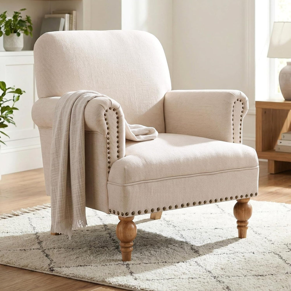 Beige Linen Fabric Accent Chair, Modern Farmhouse Upholstered Armchair with N...