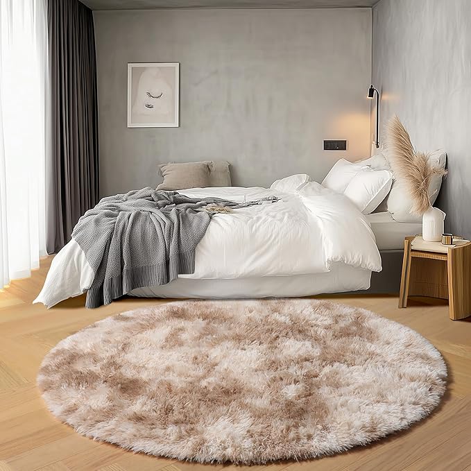 ONASAR Round Rugs 6ft for Living Room Bedroom, Tie-Dye Beige Fluffy Circle Area - Image 3