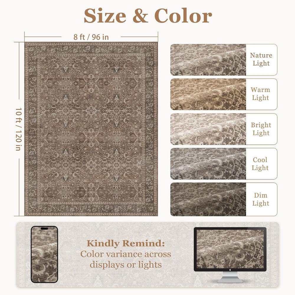 Washable Area Rug 8'x10' Living Room, Vintage Farmhouse, Light Brown