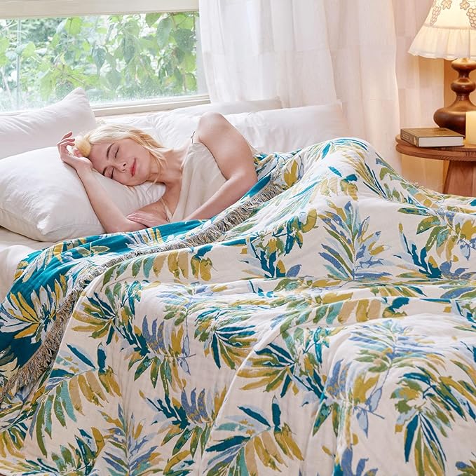 MSGKV Boho Throw Blanket for Bed Cotton 60"x80" Leaves Blanket Twin Size Couch - Image 7