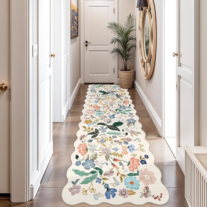 2x10 Washable Hallway Runner Rug: Long Floral Scalloped Soft Runners by HYHAOYUNLAI