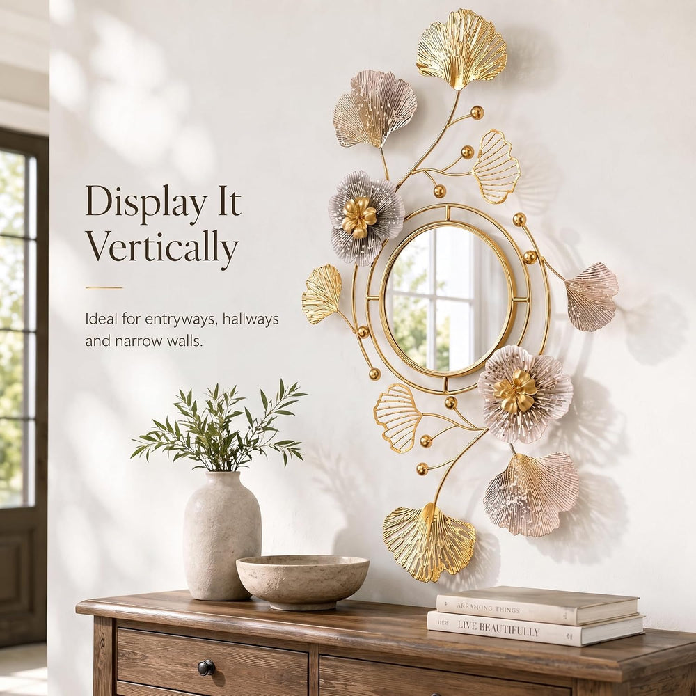 47" Large 3D Ginkgo Floral Metal Wall Decor Mirror