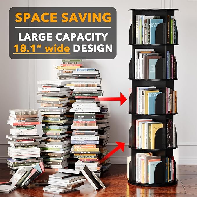 SpaceAid 5 Tier Rotating Bookshelf Tower, Spinning Bookcase Lazy Susan, Revol...