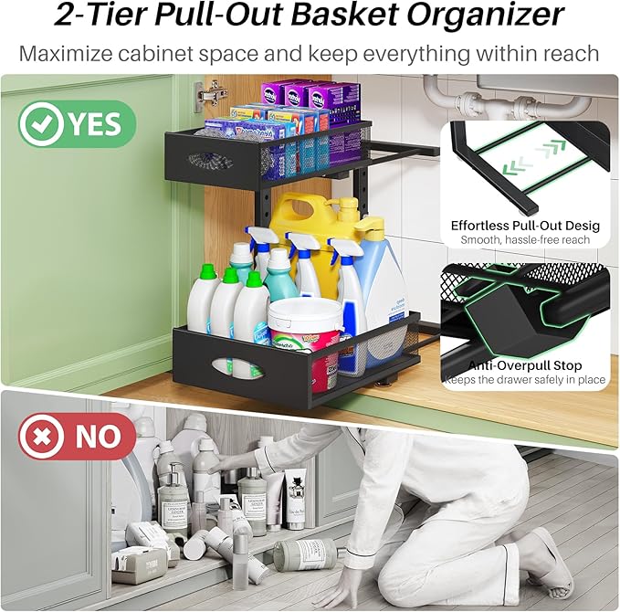 Under Sink Organizer, L-Shaped Adjustable Height, Mesh Sliding Drawer - Image 4