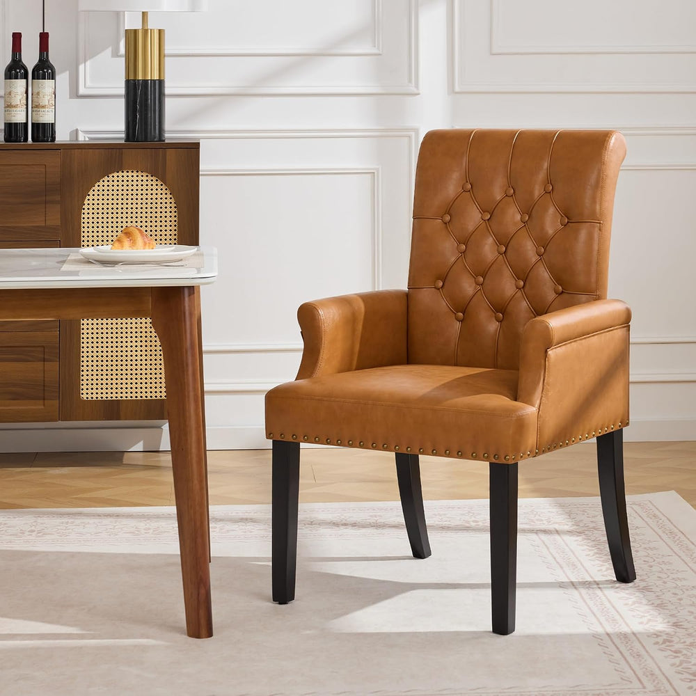PU Leather Dining Chair with Arms, Upholstered Tufted High Back Dining Room C...