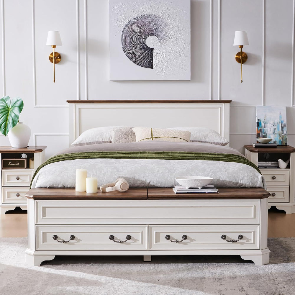 T4TREAM Farmhouse Queen Bed with Headboard and Storage Bench(Antique White)
