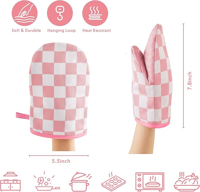 Ohocut Pink Checkered Mini Oven Mitts Heat Resistant, Vintage Retro - Image 5