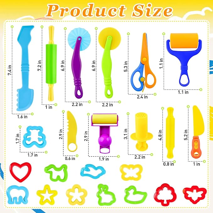 Dough Tools Play Set for Kids, Rolling Pins, Safety Scissors, Plastic Knife - Image 2
