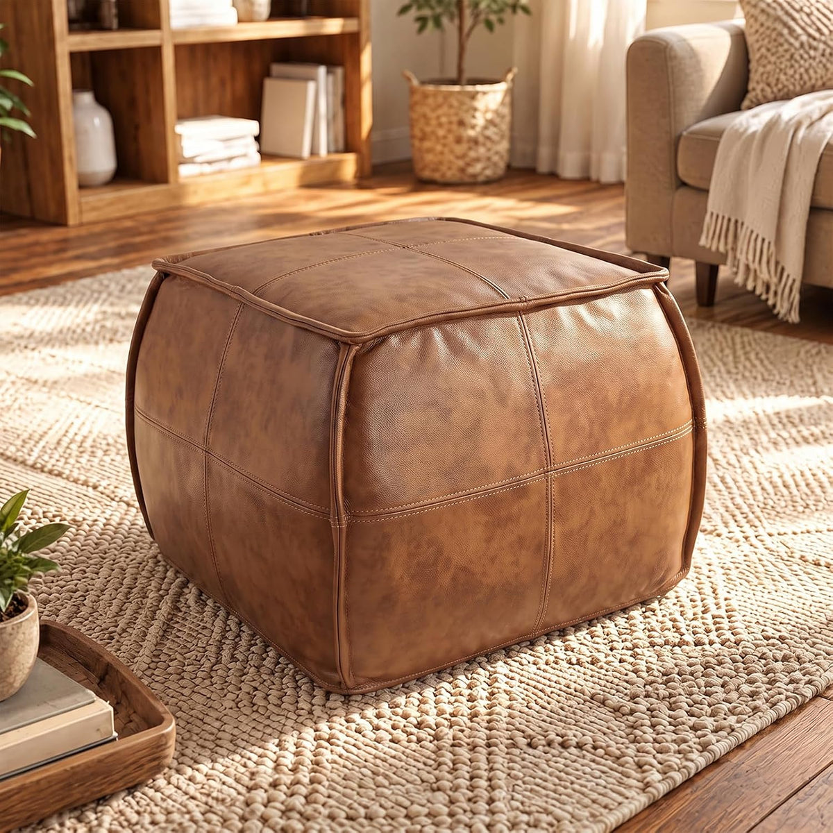 genuine leather square ottoman,pouf for living room (brown, main product view