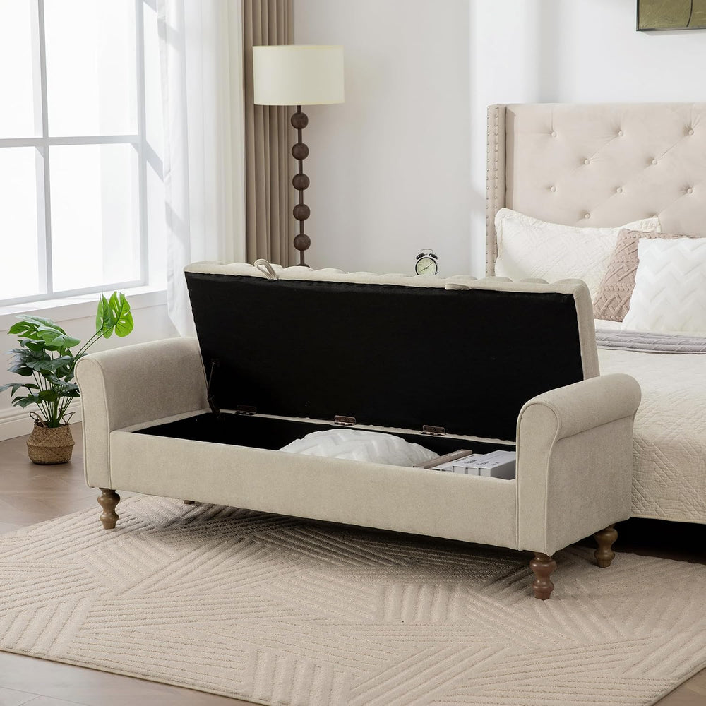 KEIKI 65.6" Modern Upholstered Storage Bench with Double Lids, Ottoman w...