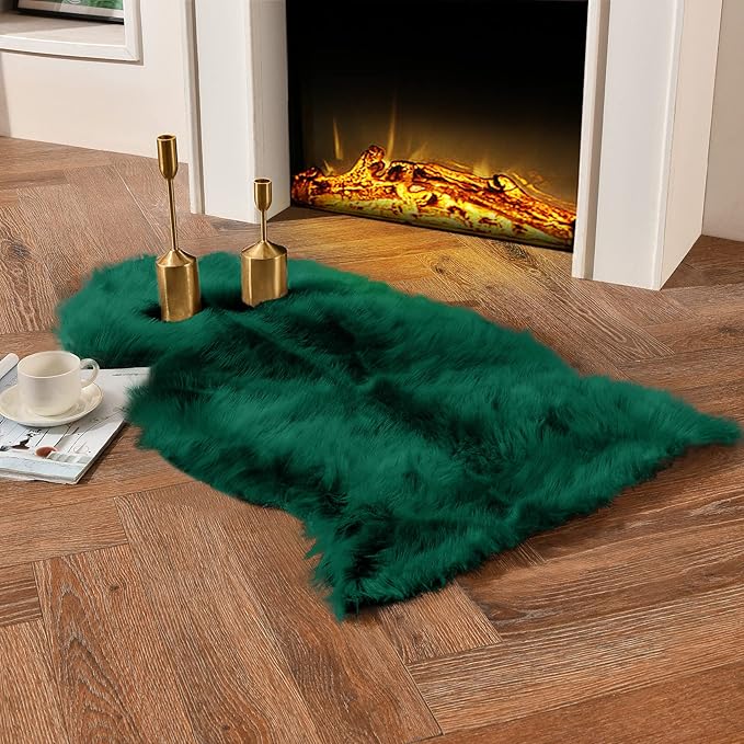 duduta Emerald Green Faux Sheepskin Throw Rug 2x3 ft, Fluffy Shag Small Bedside - Image 6
