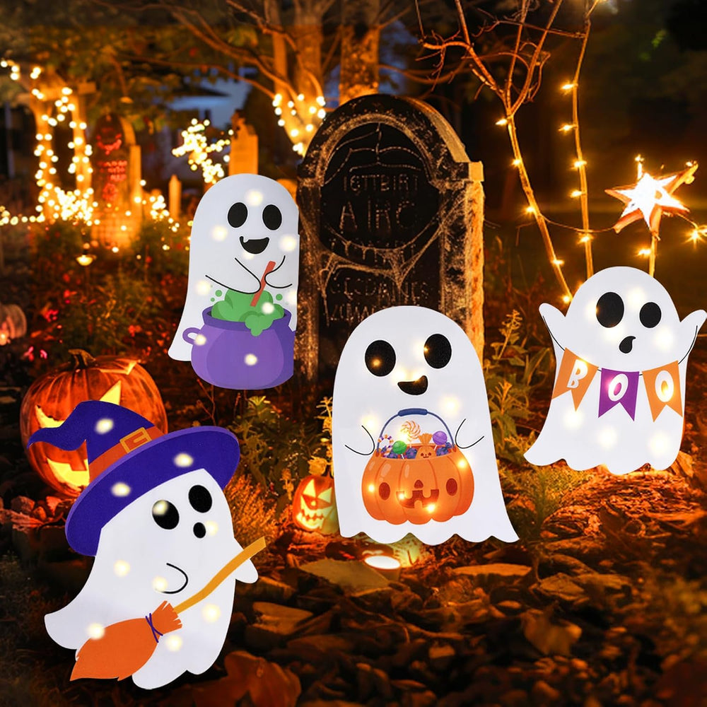Lighted Cute Ghost Yard Signs, 4 Packs Halloween Decorations Outdoor Scary Wi...