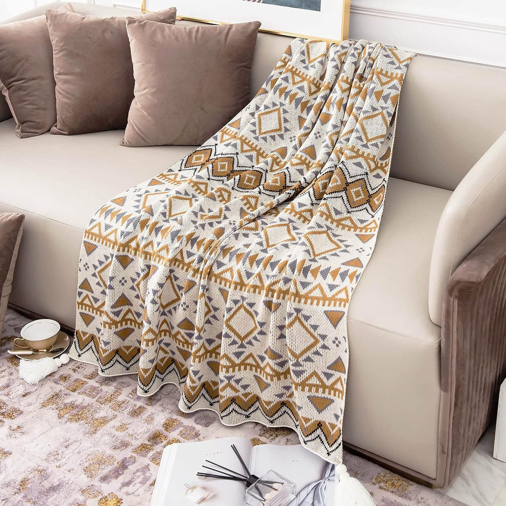 Boho Throw Blanket, Knitted Brown Tassel Throw Blankets, Soft Lightweight Vin...