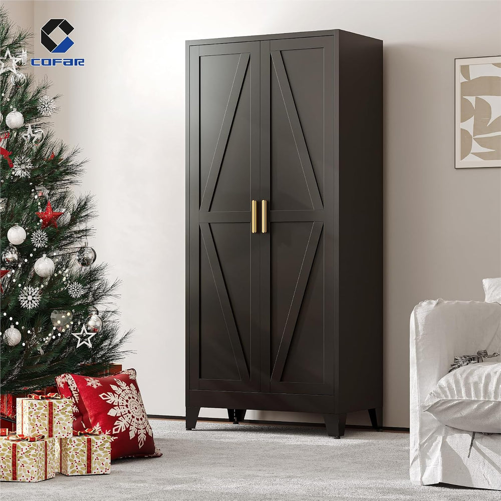 COFaR Metal Wardrobe Closet with Doors, Black Farmhouse Bedroom Armoires with...