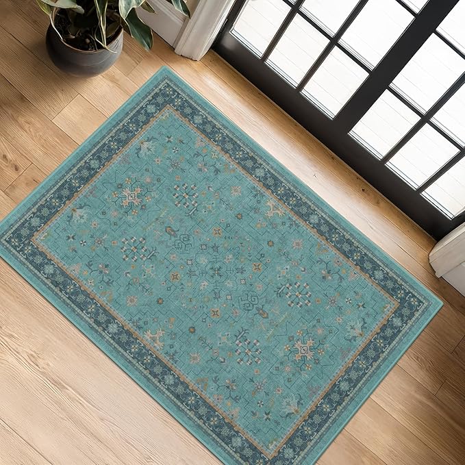2x3 Washable Teal Rug for Entryway Indoor, Kitchen Floor Waterproof, Powder Room by HazoHaus