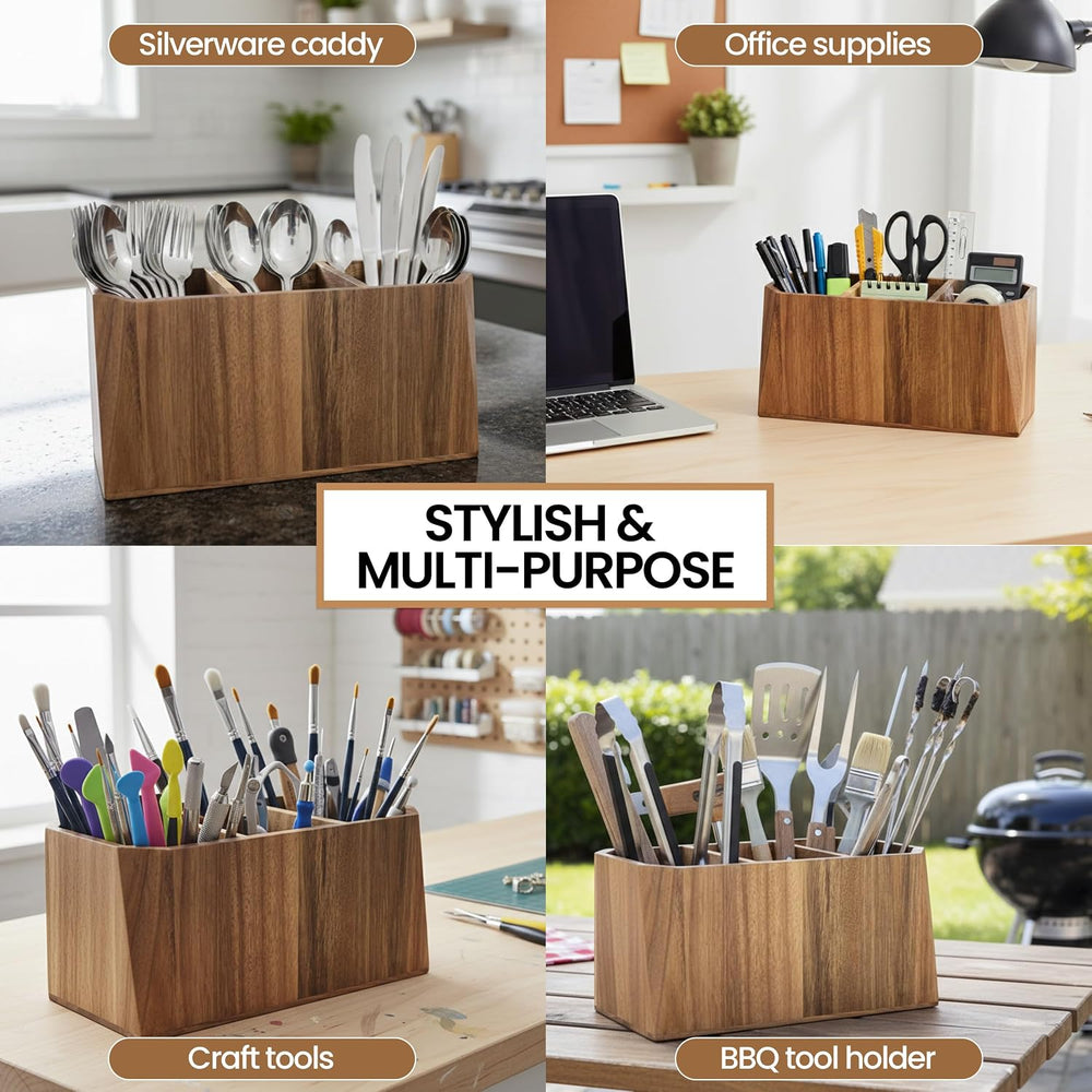 Large Kitchen Utensil Holder for Countertop – Acacia Wood Utensil Organizer w...