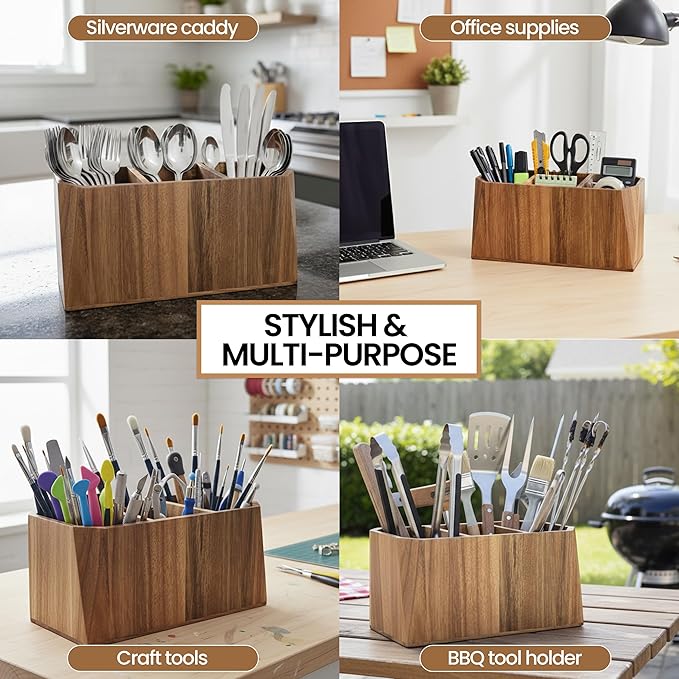 Large Kitchen Utensil Holder for Countertop – Acacia Wood Utensil Organizer - Image 5