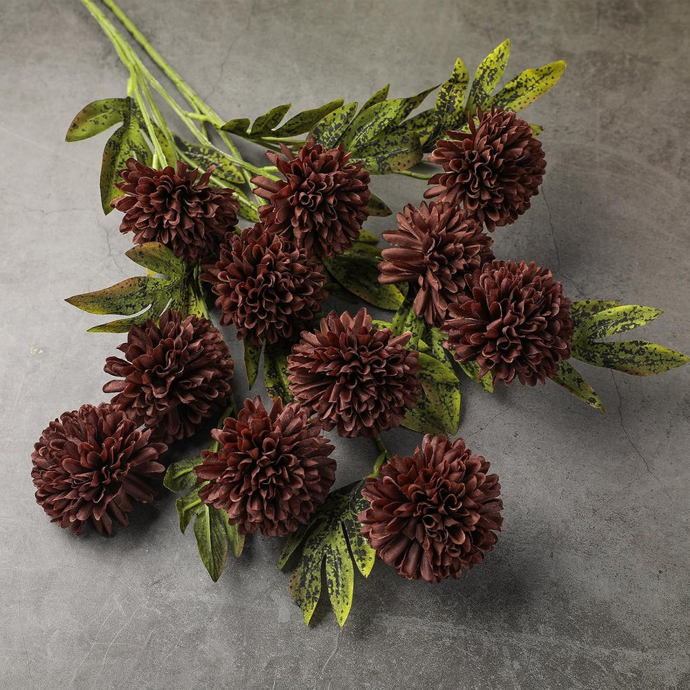 Knitgrip 8 Pcs Faux Silk Pom Pom Mum Artificial Flowers, Chocolate